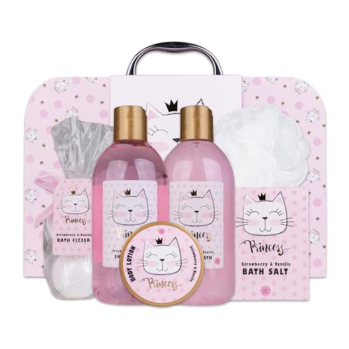 Accentra – Geschenkset Princess Kitty für Mädchen & Frauen – 7-teiliges Duschset mit Schaumbad, Badebomben, Duschgel, Bodylotion & mehr – Pflegeset mit Erdbeer & Vanille Duft im süßen Papierkoffer von accentra