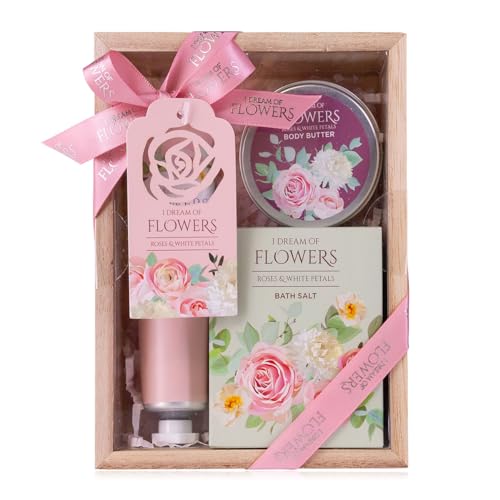 Accentra – Badeset Frauen Geschenkset I DREAM OF FLOWERS in schöner Geschenkbox – 3-teiliges Pflegeset mit Handcreme, Körperbutter und Badesalz – Geschenk Set zum Valentinstag & Muttertag von accentra