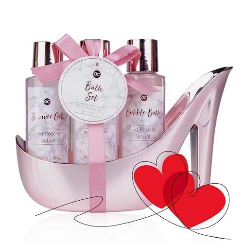 Accentra – Badeset Frauen Geschenkset MARBLE in High Heel – 3-teiliges Pflegeset mit Duschgel, Schaumbad & Bodylotion – Wellness Geschenk Set zum Geburtstag, Valentinstag & Muttertag (Rosa) von accentra