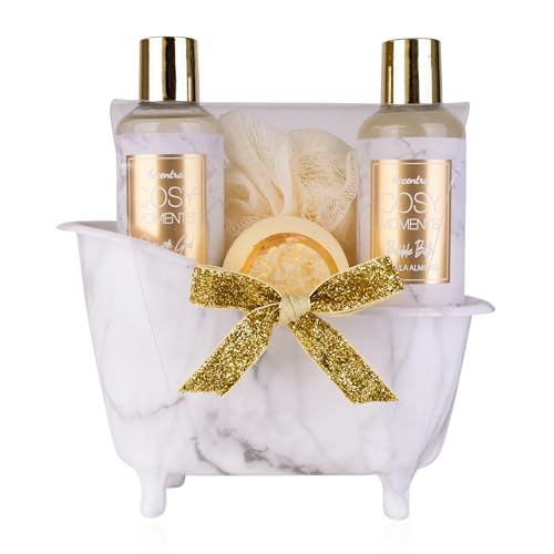 Accentra - COSY MOMENTS Bade- & Duschset in gold - Geschenk Set zur Entspannung für Frauen zum Geburtstag oder Weihnachten - 4-Teiliges Wellness Geschenk- & Pflegeset mit Mini Deko-Badewanne von accentra