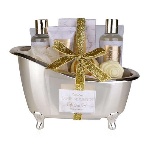 Accentra - COSY MOMENTS Bade- & Duschset in gold - Geschenk Set zur Entspannung für Frauen zum Geburtstag oder Weihnachten - 7-Teiliges Wellness Geschenk- & Pflegeset mit Mini Deko-Badewanne von accentra