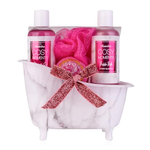 Accentra - COSY MOMENTS Bade- & Duschset in pink - Geschenk Set zur Entspannung für Frauen zum Geburtstag oder Weihnachten - 4-Teiliges Wellness Geschenk- & Pflegeset mit Mini Deko-Badewanne von accentra