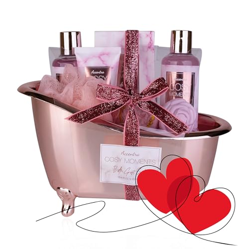Accentra - COSY MOMENTS Bade- & Duschset in rosé - Geschenk Set zur Entspannung für Frauen zum Geburtstag oder Valentinstag - 7-Teiliges Wellness Geschenk- & Pflegeset mit Mini Deko-Badewanne von accentra