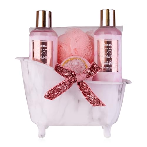 Accentra - COSY MOMENTS Bade- & Duschset in rosé - Geschenk Set zur Entspannung für Frauen zum Geburtstag oder Muttertag - 4-Teiliges Wellness Geschenk- & Pflegeset mit Mini Deko-Badewanne von accentra