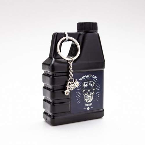Accentra Duschgel für Männer im Motoröl-Kanister – Geschenkidee für Motorrad-Fahrer oder Hobby Schrauber – 200 ml Dusch-Seife mit Schlüsselanhänger Bike und Totenkopf Design - Duft: Musk von accentra