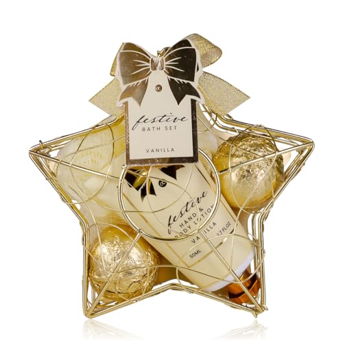 Accentra – Duschset Frauen Geschenkset FESTIVE in sternförmigem Drahtkorb gold – 3-teiliges Pflegeset mit Hand- & Bodylotion, Badefizzer und Netzschwamm – Geschenk Set zum Geburtstag & Weihnachten von accentra