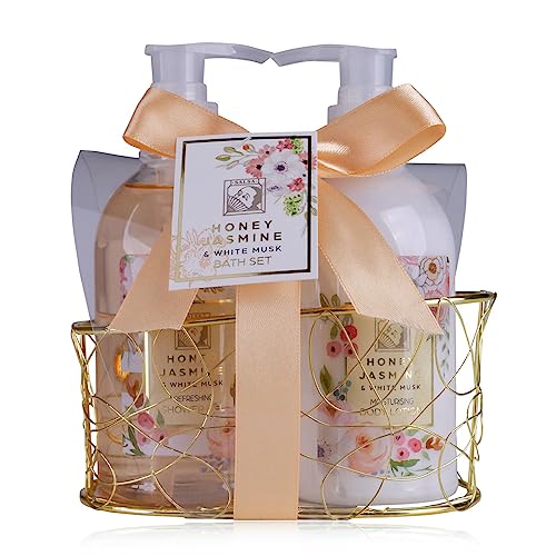 Accentra – Duschset Frauen Geschenkset HONEY JASMINE in wunderschönem Drahtkorb – 2-teiliges Pflegeset mit Duschgel und Bodylotion – Wellness Geschenk Set zum Geburtstag, Valentinstag & Weihnachten von accentra