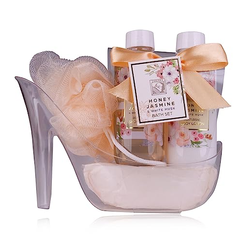 Accentra – Duschset Frauen Geschenkset HONEY JASMINE in wunderschönem Pumps – 3-teiliges Pflegeset mit Duschgel, Bodylotion und Badeschwamm – Wellness Geschenk Set zum Geburtstag, Valentinstag von accentra