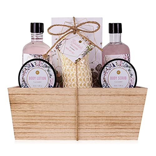 Accentra – Duschset Frauen Geschenkset LAVENDEL im Holzkorb – 6-teiliges Pflegeset mit Duschgel, Schaumbad, Badesalz, Bodylotion uvm. – Wellness Geschenk Set zum Geburtstag, Valentinstag & Weihnachten von accentra