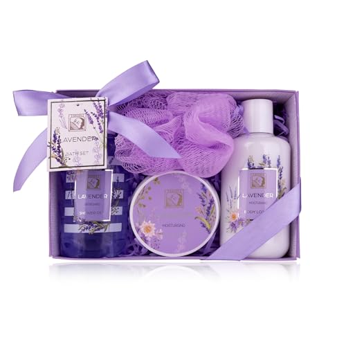 Accentra – Duschset Frauen Geschenkset LAVENDEL in schöner Geschenkbox – 4-teiliges Pflegeset mit Duschgel, Bodylotion, Körperbutter und Netzschwamm – Geschenk Set zum Valentinstag & Muttertag von accentra