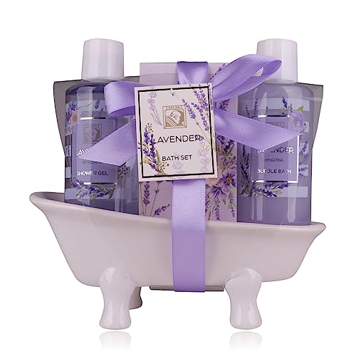 Accentra – Duschset Frauen Geschenkset LAVENDEL in schöner Keramikbadewanne– 3-teiliges Pflegeset mit Duschgel, Schaumbad & Badesalz – Wellness Geschenk Set zum Geburtstag, Valentinstag & Weihnachten von accentra