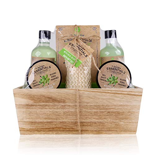 Accentra–Duschset Frauen Geschenkset OLIVE im Holzkorb–6-teiliges Pflegeset mit Duschgel, Schaumbad, Badesalz, Bodylotion & mehr–Wellness Geschenk Set zum Geburtstag, Valentinstag & Weihnachten von accentra