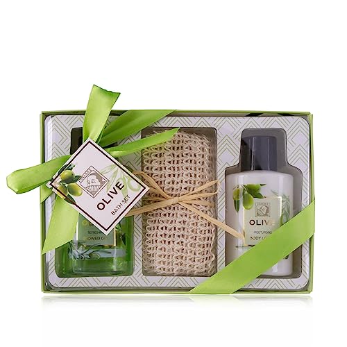 Accentra - Duschset Frauen Geschenkset OLIVE in schöner Geschenkbox - 3-teiliges Pflegeset mit Duschgel, Bodylotion und Handtuch aus Sisal - Wellness Geschenk Set zum Geburtstag, Valentinstag von accentra