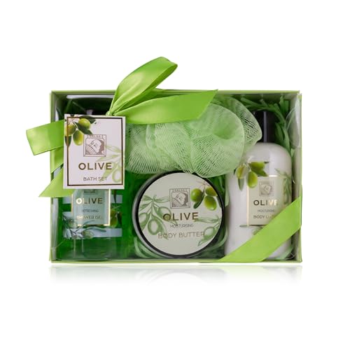 Accentra – Duschset Frauen Geschenkset OLIVE in schöner Geschenkbox – 4-teiliges Pflegeset mit Duschgel, Bodylotion, Körperbutter und Netzschwamm – Wellness Geschenk Set zum Geburtstag von accentra