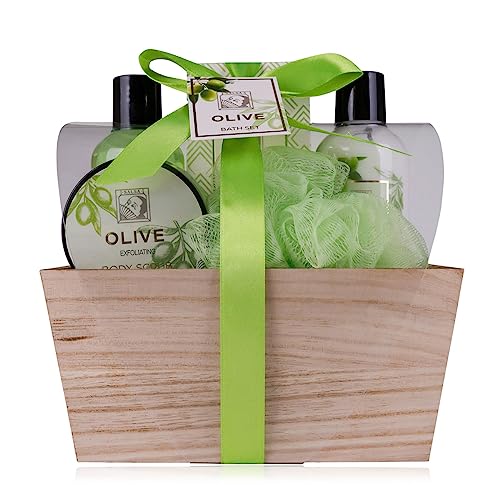 Accentra - Duschset Frauen Geschenkset OLIVE in schöner Holzbox - 5-teiliges Pflegeset mit Duschgel, Bodylotion, Badesalz, Körperpeeling und Netzschwamm - Wellness Geschenk Set zum Geburtstag von accentra