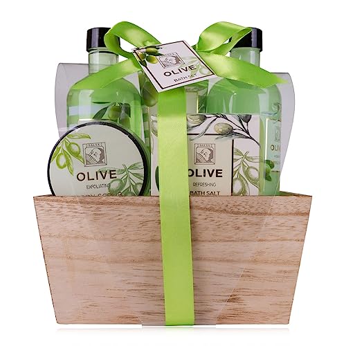 Accentra – Duschset Frauen Geschenkset OLIVE in schöner Holzbox – 5-teiliges Pflegeset mit Duschgel, Schaumbad, Bodylotion, Körperpeeling und Badesalz – Wellness Geschenk Set zum Geburtstag von accentra