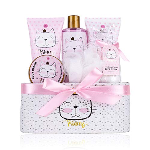 Accentra – Geschenkset Princess Kitty für Mädchen & Frauen – 7-teiliges Duschset mit Schaumbad, Peeling, Duschgel, Bodylotion & mehr – Pflegeset mit Erdbeer & Vanille Duft in süßer Geschenkbox von accentra