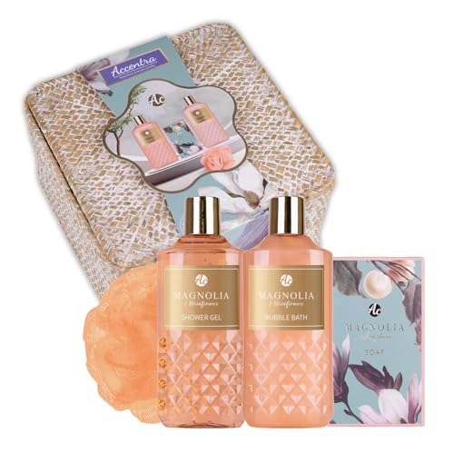 Accentra Geschenkset Frauen BATHING RITUALS in schönem Korb, 4tlg. Badeset Geschenk mit Duschgel, Schaumbad, Seife & Netzschwamm – Wellness Set für Frauen & Mädchen Duft: Magnolia & Wildflower von accentra