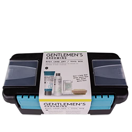 Accentra Geschenkset GENTLEMEN’S GROOMING für Männer inkl. Shampoo und Duschgel, After Shave Balsam, Holznagelbürste, Multi-Tool in kleinem Werkzeugkoffer verpackt, schwarz, 6055488 von accentra