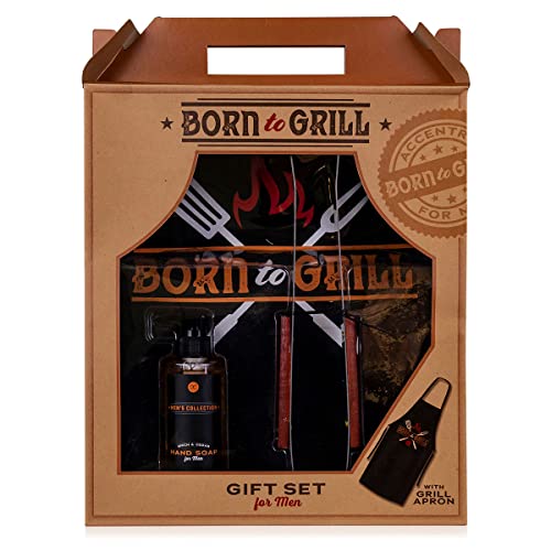 accentra Geschenkset Men`s Collection, Born to grill für Männer, Seife in Pumpspender, Grillzange, Grillschürze in Geschenkbox aus Kraftpapier von accentra