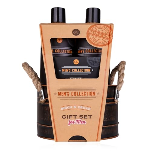 Accentra Geschenkset für Männer MEN'S COLLECTION in Blecheimer, inkl. 300ml Duschgel, 300ml Shampoo, 100g Seife, 15g Netzschwamm, Duft: Birke & Zeder - braun von accentra