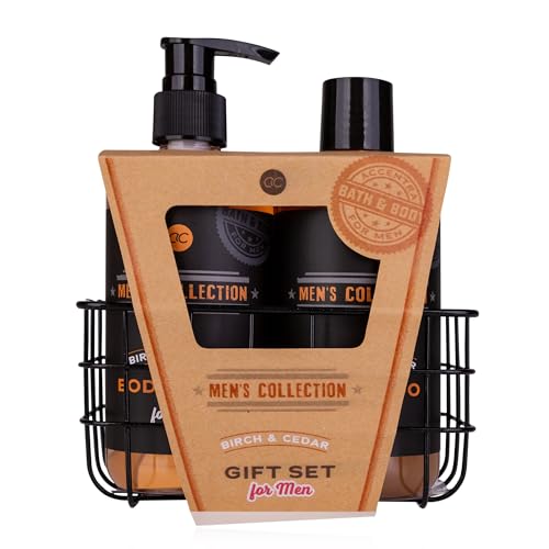 Accentra Geschenkset für Männer MEN'S COLLECTION in Drahtkorb, inkl. 300ml Duschgel in Pumpspender, 300ml Shampoo, Duft: Birke & Zeder - braun von accentra
