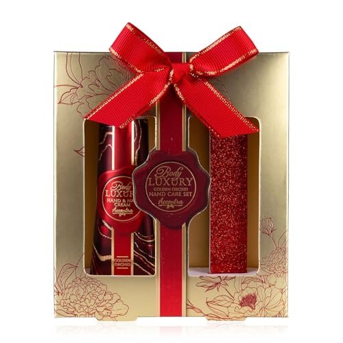Accentra Handpflegeset BODY LUXURY Geschenkset in Geschenkbox, inkl. Handcreme, Nagelcreme, Handlotion und rote Glitzer-Nagelfeile, Duft: Golden Orchid, Frauen Geschenk Weihnachten von accentra