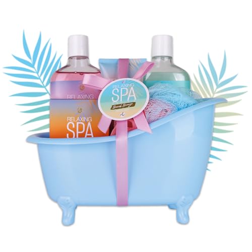 Accentra -RELAXING SPA Bade- & Duschset, Geschenk Set zur Entspannung für Frauen zum Geburtstag oder Muttertag, 5-Teiliges Wellness Pflegeset mit Duschgel, Bodylotion & Schaumbad in Deko-Badewanne von accentra