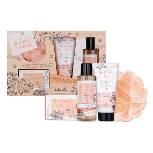 accentra - Geschenkset Frauen POETRY OF FLOWERS 4-teilig - Badeset Geschenk mit Bodylotion, Badesalz, Duschgel & Netzschwamm – Wellness Set für Frauen & Mädchen zum Geburtstag & Valentinstag von accentra