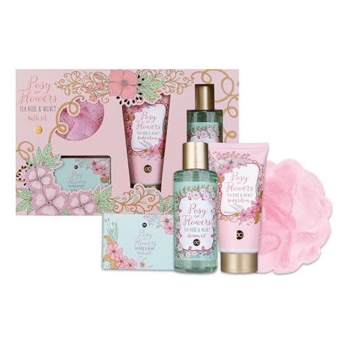 accentra - Geschenkset Frauen POSY OF FLOWERS 4-teilig - Badeset Geschenk mit Bodylotion, Badesalz, Duschgel & Netzschwamm – Wellness Set für Frauen & Mädchen zum Geburtstag & Valentinstag von accentra