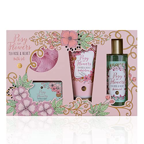 accentra - Geschenkset Frauen POSY OF FLOWERS 4-teilig - Badeset Geschenk mit Bodylotion, Badesalz, Duschgel & Netzschwamm – Wellness Set für Frauen & Mädchen zum Geburtstag & Valentinstag von accentra