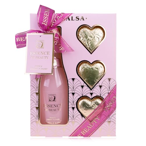 SALSA - ESSENCE OF BEAUTY - Badeset Geschenkset für Frauen in Geschenkbox mit Schaumbad in Sektflasche und 3 Badebomben 2tlg. Badeset als luxuriöse Geschenkidee für Damen Duft: Rose & Cherry Blossom von accentra
