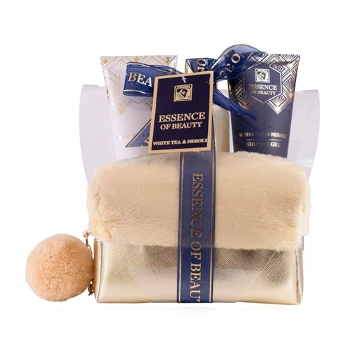 SALSA - ESSENCE OF BEAUTY - Duschset Geschenkset für Frauen in goldener Kosmetiktasche mit Bodylotion, Duschgel & Schaumbad, 4tlg. Badeset als luxuriöse Geschenkidee, Duft: White Tea & Neroli von accentra