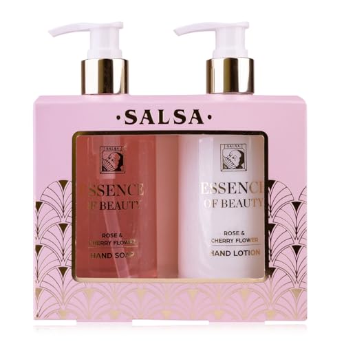 SALSA - ESSENCE OF BEAUTY Handpflegeset Geschenkset für Frauen mit 270ml Handseife und 270ml Handcreme & Nagelcreme im ansprechenden Seifenspender, pflegende Geschenkidee, Duft: Rose & Cherry Flower von accentra