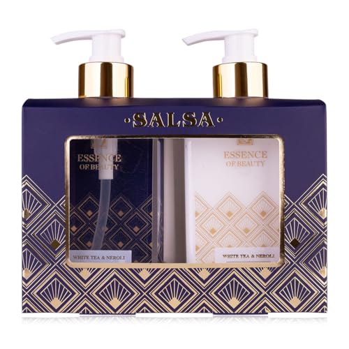 SALSA - ESSENCE OF BEAUTY Handpflegeset Geschenkset für Frauen mit 270ml Handseife und 270ml Handcreme & Nagelcreme im ansprechenden Seifenspender, pflegende Geschenkidee, Duft: White Tea & Neroli von accentra