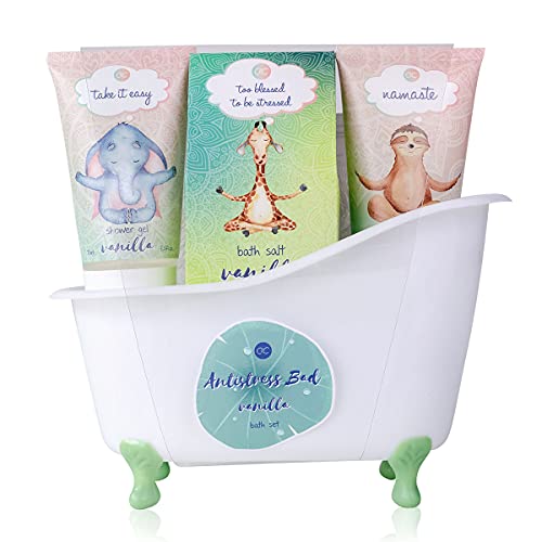 accentra - Anti-Stress Bade- & Duschset mit Vanilleduft - Geschenk Set zur Entspannung für Frauen zum Geburtstag oder Weihnachten - 5-Teiliges Wellness Geschenk- & Pflegeset mit Mini Deko-Badewanne von accentra