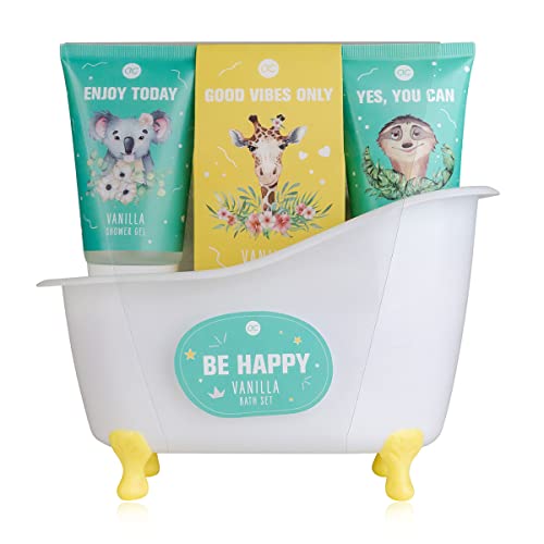 accentra – BE HAPPY Bade- & Duschset mit Vanilleduft - Geschenk Set zur Entspannung für Frauen zum Geburtstag oder Weihnachten - 5-Teiliges Wellness Geschenk- & Pflegeset mit Mini Deko-Badewanne von accentra