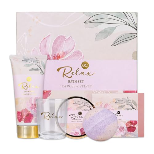 Accentra Bade- und Pflegeset RELAX in schöner Geschenkbox, 5tlg. Wellness - Geschenkset für Frauen beinhaltet Körperbutter, Seife, Handcreme, Badebombe und Duftkerze, Duft: Tea Rose & Velvet von accentra