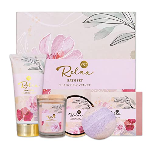 accentra - Geschenkset RELAX 5-teilig - Badeset Geschenk mit Duftkerze, Seife, Handcreme, Körperbutter & Badebombe – Wellness Set für Frauen & Mädchen zum Geburtstag & besonderen Anlässen von accentra