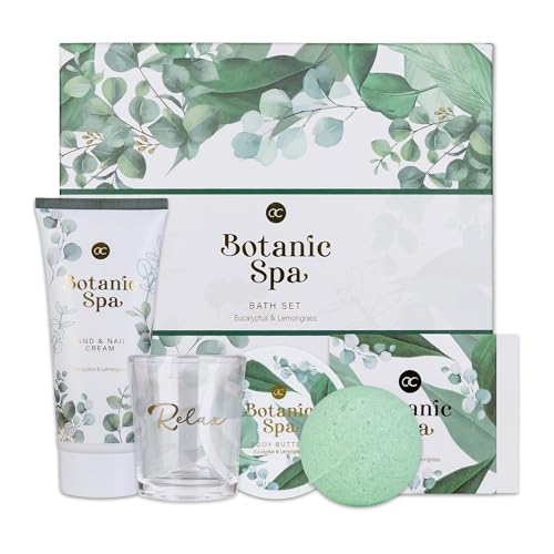 accentra - Geschenkset Frauen BOTANIC SPA 5-teilig - Badeset mit Kerzenhalter, Seife, Handcreme, Körperbutter & Badebombe – Wellness Set für Frauen & Mädchen Geburtstag Duft: Eucalyptus & Lemongrass von accentra