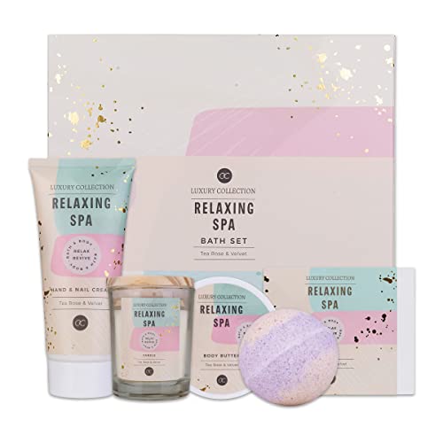 accentra - Geschenkset Frauen RELAXING SPA 5-teilig - Badeset mit Duftkerze, Seife, Handcreme, Körperbutter & Badebombe – Wellness Set für Frauen & Mädchen zum Geburtstag Duft: Tea Rose &Velvet von accentra