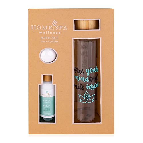 accentra Geschenkset HOME SPA mit Glas-Trinkflasche (550ml), 100ml Badeöl, 50g Badefizzer/Badekugel, 3tlg Set für Frauen zum Relaxen von accentra