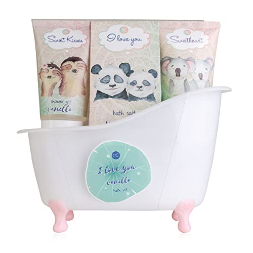 accentra – I LOVE YOU Bade- & Duschset mit Vanilleduft - Geschenkset für Frauen zum Geburtstag & Valentinstag - 5-Teiliges Wellness Pflegeset mit Mini Deko-Badewanne von accentra