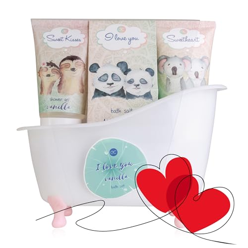 Accentra – I LOVE YOU Bade- & Duschset mit Vanilleduft - Geschenkset für Frauen zum Geburtstag & Valentinstag - 5-Teiliges Wellness Pflegeset mit Mini Deko-Badewanne von accentra