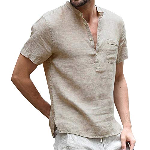 acelyn Herren Leinen Shirt Grandad Kragen kurze Ärmel Baumwolle Sommer Casual Henley T-Shirt Loose Fit S-XXL Gr. L, khaki von acelyn