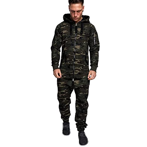 acelyn Herren Mode Camouflage Print Zip Up Long Sleeve One Piece Jumpsuit Kapuze Onesie Sweatsuit mit Tasche, Camouflagegrün, Medium von acelyn