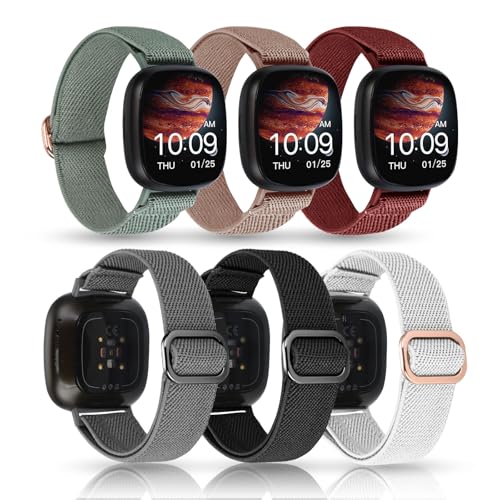 aceyoon 6 Stück Nylon Armband Kompatibel mit Fitbit Versa 4 / Versa 3 Armband für Damen Herren,Verstellbar Sport Ersatz Uhrenarmband (L) von aceyoon