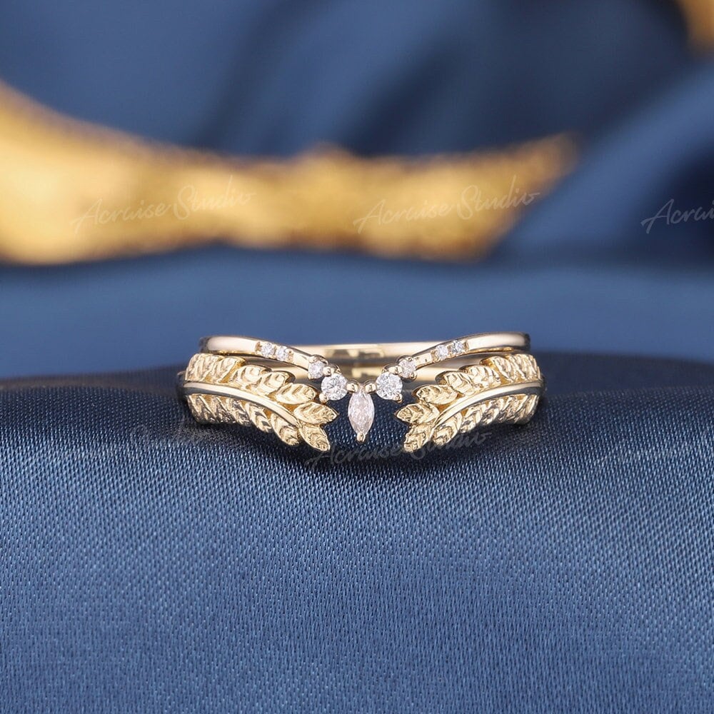 2 Stücke Geschwungene Hochzeit Band Diamant Ringe Frauen 14K 18K Gold Ring V-Förmige Chevron Vintage Stapeln Passende Open Blatt Braut von acraisejewelry