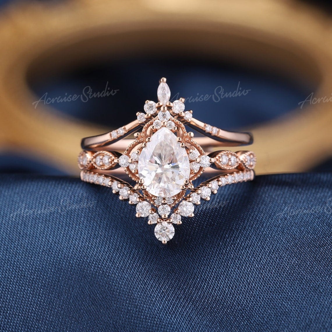 3 Stück Moissanite Verlobungsring Set Birnenform Ehering Diamant Vintage Brautschmuck Sets Rose Gold Milgrain Ringe Frauen von acraisejewelry