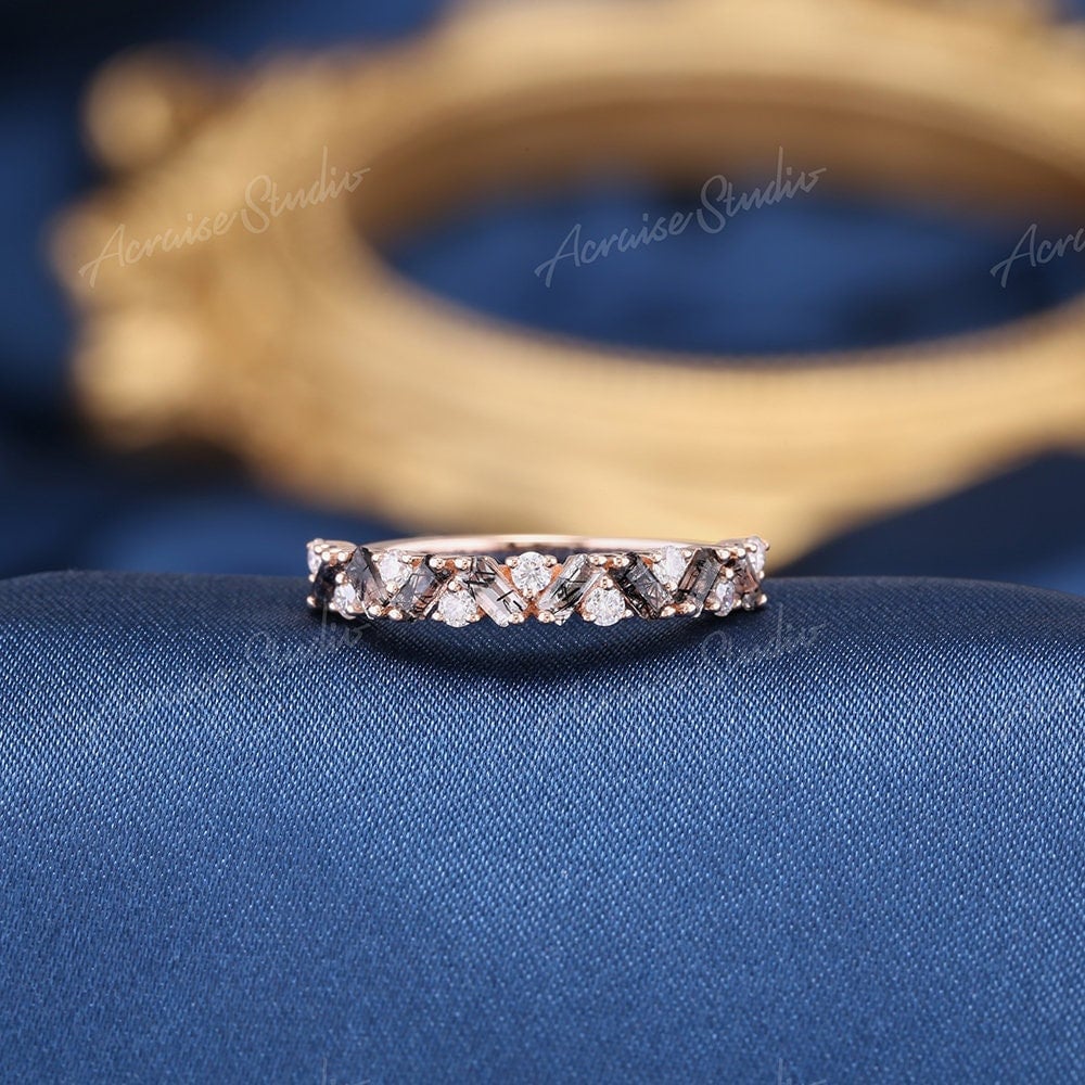 Baguette Geschnitten Schwarz Rutilquarz Ehering Vintage Verlobungsring Roségold Diamantring Stapelband Halb Eternity Ring von acraisejewelry